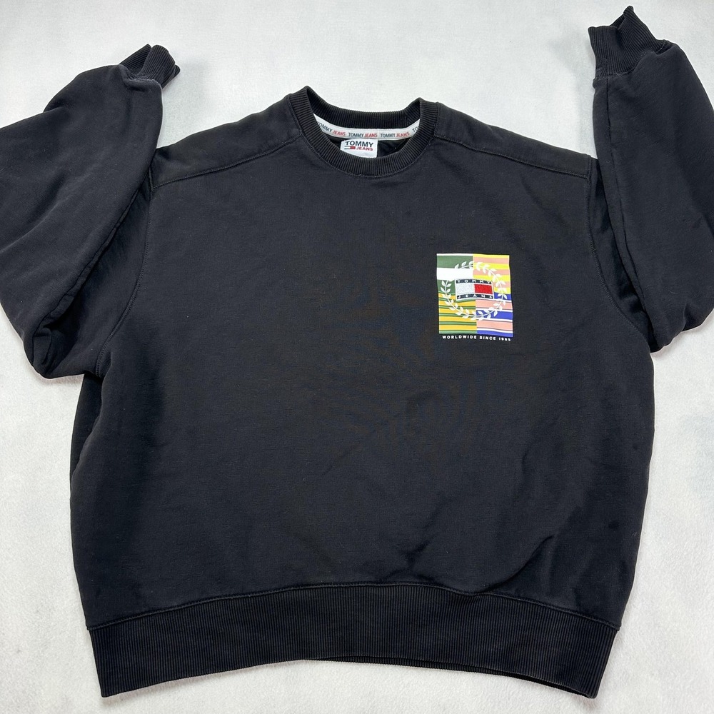 Tommy Jeans Sweatshirt Mens Large Black Worldwide 1985 Graphic‎ Fleece Pullover